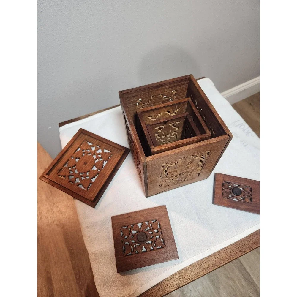 Vintage Hand Carved Wood Nesting Boxes Set of 3 Floral Lattice Storage Trinket